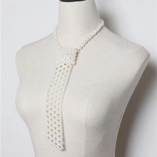 

pendant necklaces woven beads flat head hollow design choker retro imitation pearl necktie jewelry scarf necklace accessories, Silver