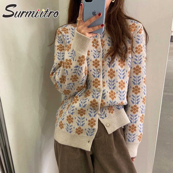 

surmiitro spring autumn korean ins floral knitted cardigan women o neck long sleeve cardigan female sweater coat knitwear 210712, White;black