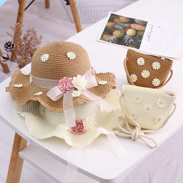 

wide brim hats summer girl children 2 pieces set straw hat+ handbag flower visor cap hat panama kid baby sun, Blue;gray