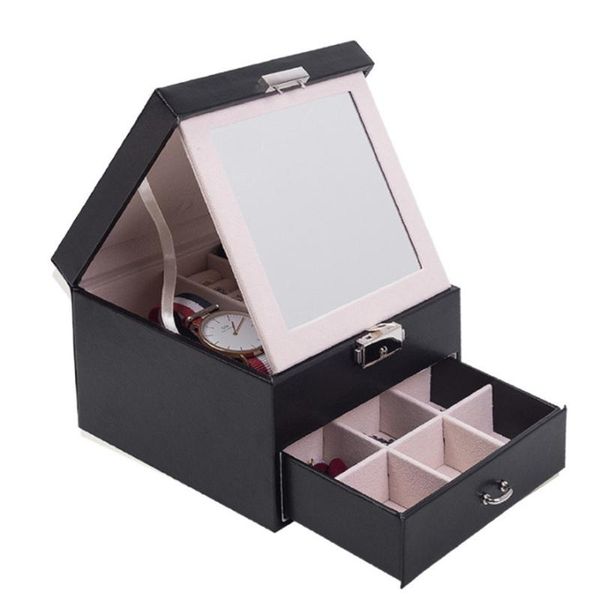 

jewelry pouches, bags multi function organizer display 2021 square shaped wedding studs earrings box double layer case holder with mirror, Pink;blue
