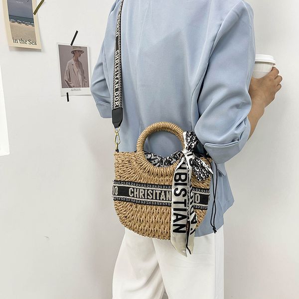 

luxury handbags women's knitting 2021 new fashion wide belt bucket single shoulder cross slung silk scarf straw bag n837 yzpe