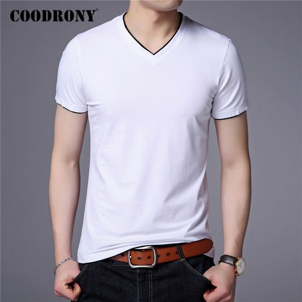 

coodrony brand summer short sleeve t shirt men cotton tee shirt homme streetwear casual v-neck t-shirt men clothing c5102s 210317, White;black