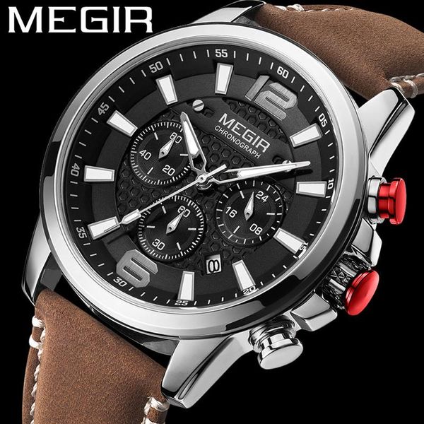 

wristwatches megir watch men waterproof chronograph military male clock brown leather business man sport wristwatch 2156, Slivery;brown