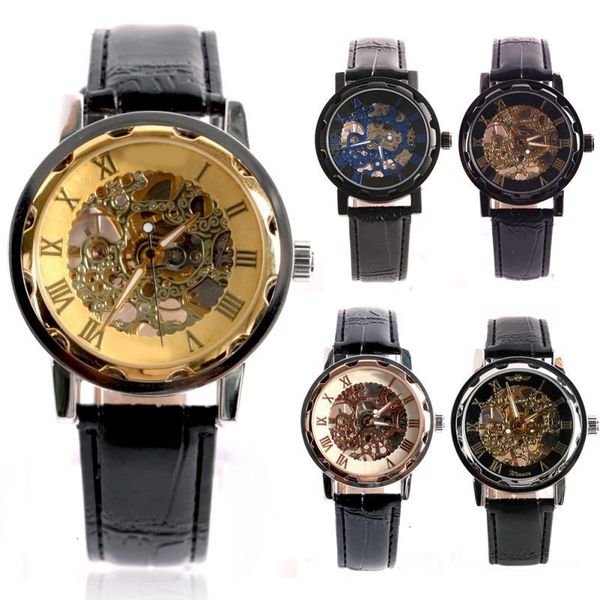 

designer mens classic gold dial skeleton black leather mechanical sport army wrist watch, Slivery;brown
