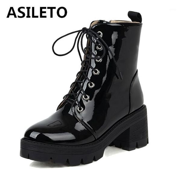 

boots asileto 2021 ladies ankle knight platforms zip lace up punk breathable 7cm thick sole block heel black red beige a44621