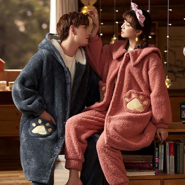

women's sleepwear winter cartoon cute couple robe women thick flannel bathrobe men loose casual coral velvet homewear nightdress, Black;red