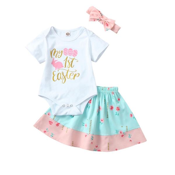 

newborn infant baby girl clothes set my first easter letter romper+tutu floral skirt+headbands outfits cute baby clothes, White