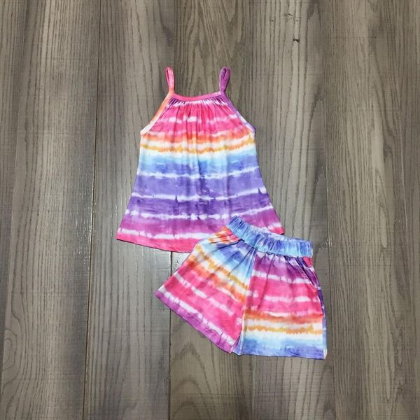 

summer baby girls sleeveless shirt tie dye shorts multi color outfit, White