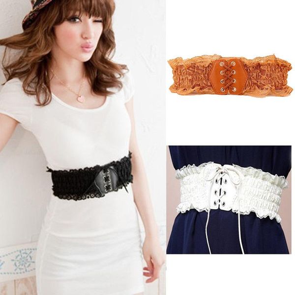 

black white wide elastic belts for women lace up corset belt female stretch leather waistband for dress, Black;brown