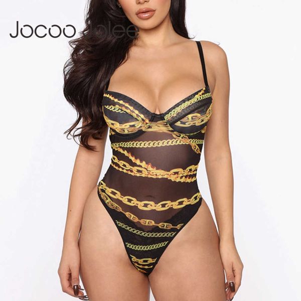 

women see-through bodysuit black chains printed pattern sleeveless v-neck romper overalls party club fashion 210619, Black;white