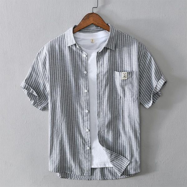 

men's casual shirts classic striped summer short sleeve square collar linen slim fit males business formal clothing vintage cotton, White;black