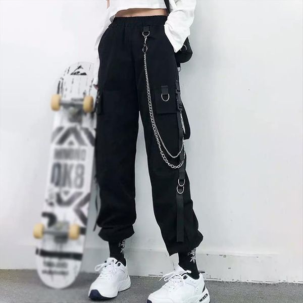 

cargo harem fashion punk women capris pockets jogger trousers with chain harajuku elastics high waist streetwear, Black;white