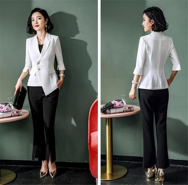 

women's suits & blazers black pants with white coat notch lapel lady women suit spring autumn slim professional 2 pcs pantsuit custom, White;black
