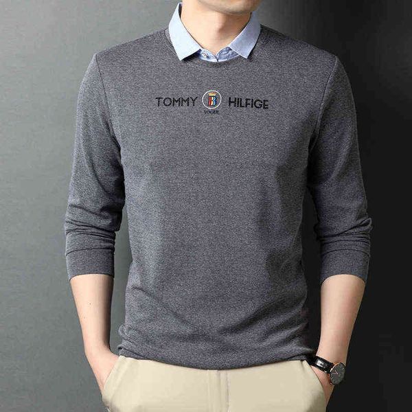 

men's long sleeve t-shirt spring autumn middle-aged and young people's loose bottomed shirt collar men's fake two fashionable, White;black