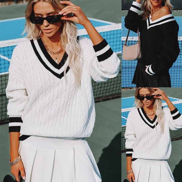

women's sweaters 2021 clothing amazon v-neck black and white contrast color loose leisure pullover british style sweater, White;black