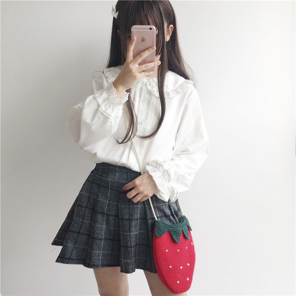 Kyqiao Lolita Gömlek Mori Kızlar Yaz Sonbahar Japonya Tarzı Tatlı Taze Peter Pan Yaka Uzun Kollu Siyah Beyaz Bluz 210225