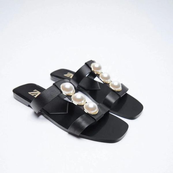 

women's sandals summer 2021 new pearl decoration flat square toe open toe black one-word slippers