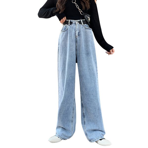 

2021 new tear style women's high waist jeans, polyester fiber, full length, korean leisure style, wide leg, right pendant, large, serie, Blue