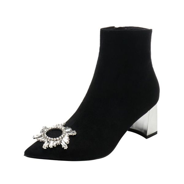 

boots women sun buckle crystal short female autumn winter pointed toe high heels ladies fashion ankle, Black
