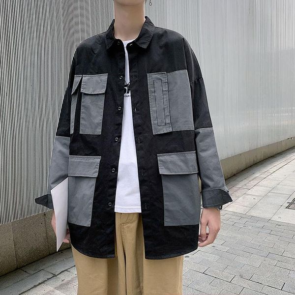 

autumn cotton shirt men's fashion retro multi-pocket tooling shirt men streetwear wild loose korean long-sleeved shirts mens, White;black