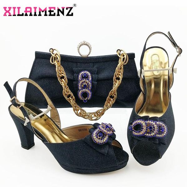 

dress shoes 2021 dark blue african design and bags to match set nigerian women wedding sets with crystal, Black