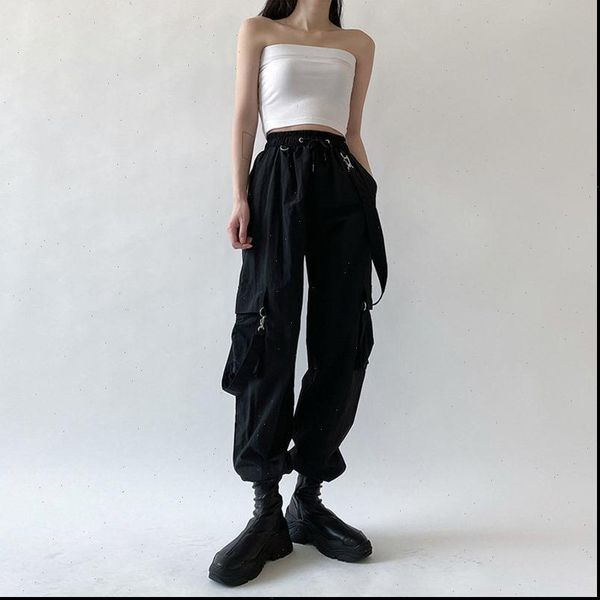 

goth cargo punk plus size womens pants harajuku high waist oversize detachable strap casual trousers emo, Black;white
