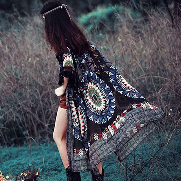 

2021 new black chiffon floral print long blouse women cover up vintage fringe flare sleeve summer vestidos cardigan kimono robe oip7