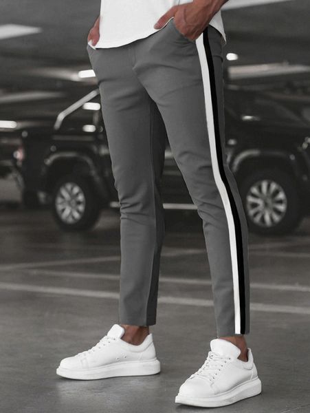 

men contrast tape side pants f711#, Black