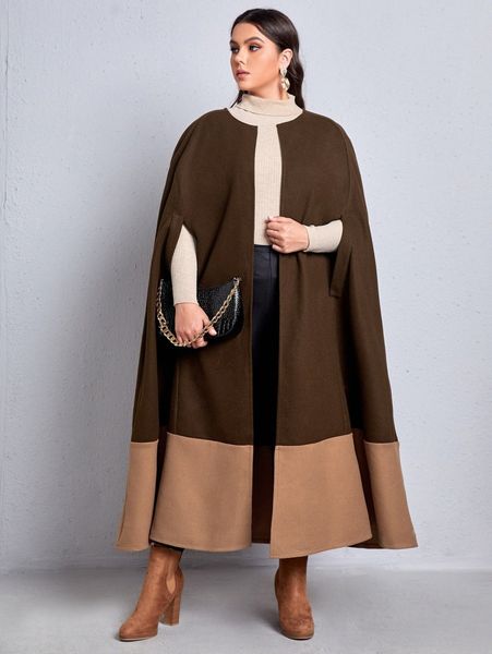 

plus color block cloak sleeve open front overcoat t5b3#, Black