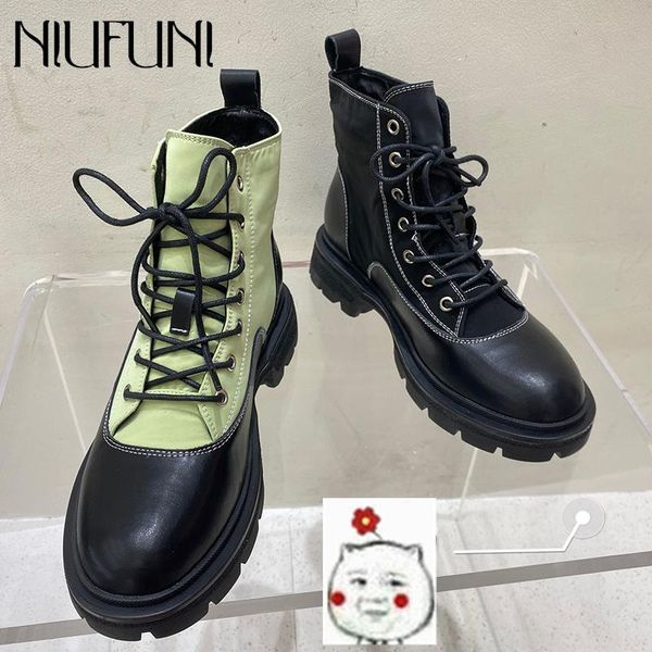 

boots autumn army green ankle 2021 boot females leather splicing british platform women's shoes lace-up short, Black