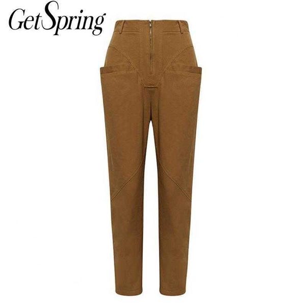 

getspring women pant fake two pieces casual cargo pants high waist all match vintage trousers fashion 210601, Black;white