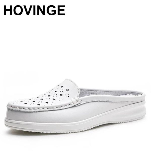 

slippers hovingegenuine leather white wedges sandals shoes woman plus size 35-41 women platform half round toe hollow lady slide, Black