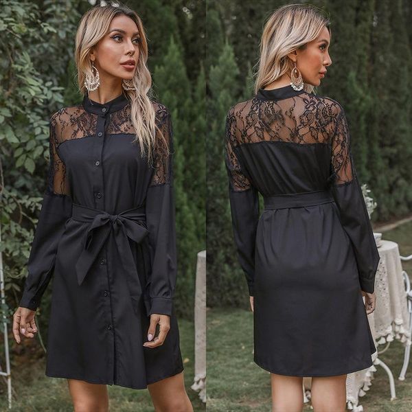 

casual dresses summer for women 2021 fashion lace button up black shirts half high neck patchwork belts long sleeve dress, Black;gray