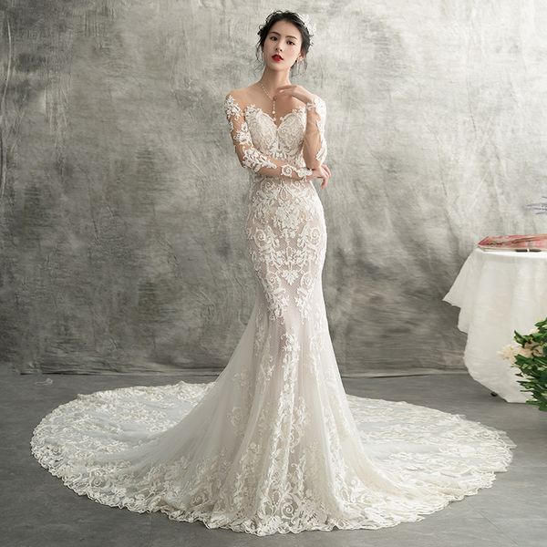 

2021 new vestidos novia champagne mermaid wedding es long illusion neck robe de mariee vintage lace floral bridal gown 82bh, White