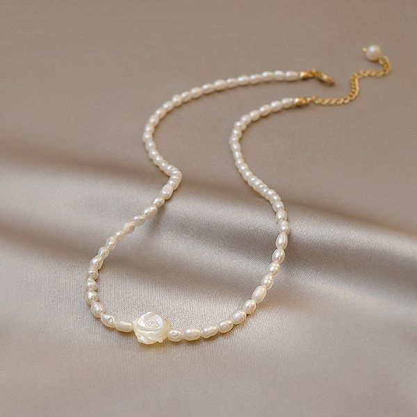 

chokers origin summer fairy luxury shell white rose necklace for women girls textured beaded freshwater pearl jewellery, Golden;silver