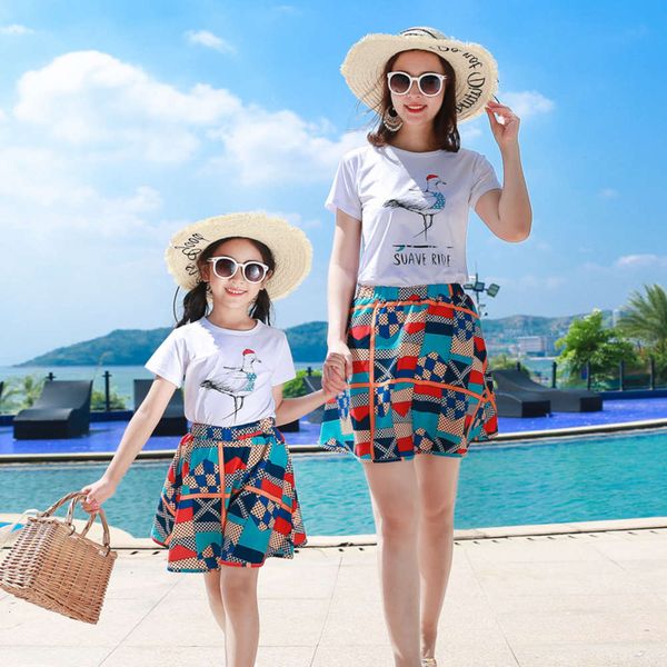 

wanghong, mother daughter short skirt, parent-child drs, xia foreign sle, new family cartoon fashion suit, Blue