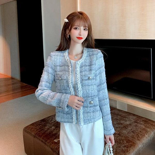 

women's jackets 2021 blue plaid tweed jacket coat elegant fall winter women long sleeve button deco pocket tassel short chic lady outer, Black;brown