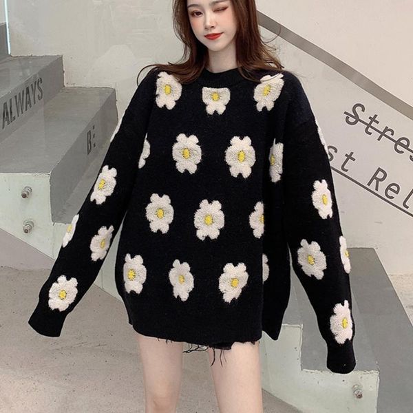 

women's sweaters autumn and winter loose outer wear flower jacquard black sweater women knitted long-sleeved round neck, White;black