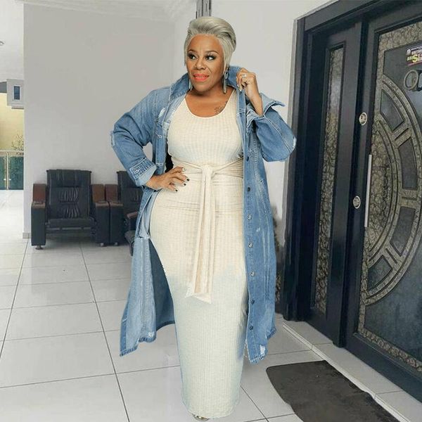 

plus size outerwear & coats clothing women outwear casual ripped denim long coat jeans ladies fall clothes wholesale drop, Black
