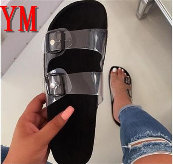 

sandals 2021 summer pvc women designers open toe flat heel buckle slip on leopard beach sandalias mujer 35-43, Black