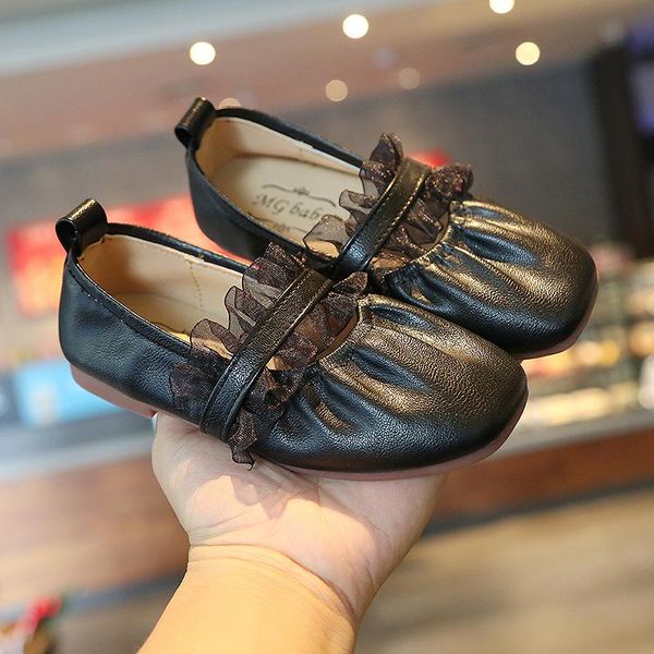 

black leather shoes girls party dress shoes lace princess sweet children' loafers kids flats 2021 spring autumn brand new soft, Black;grey