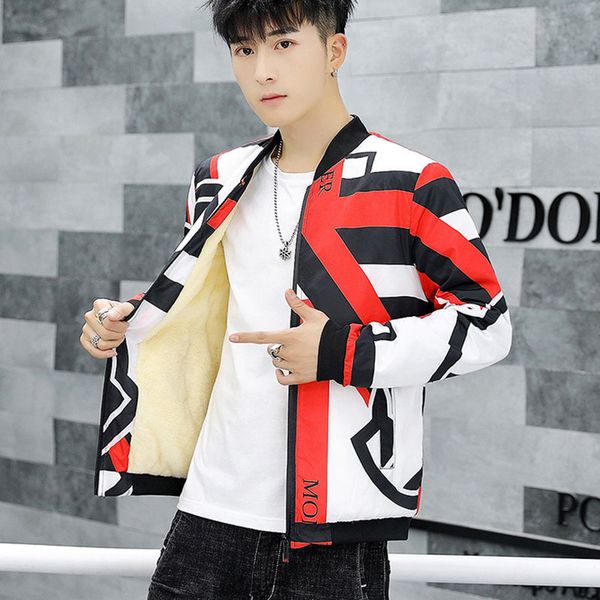 

fashion trend printed baseball collar plush men's winter new youth warm jacket, Black;brown