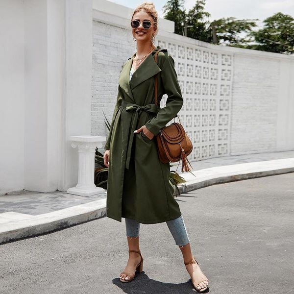 

women's autumn and winter long-sleeved jacket in the long solid color bandage trench coat1, Tan;black
