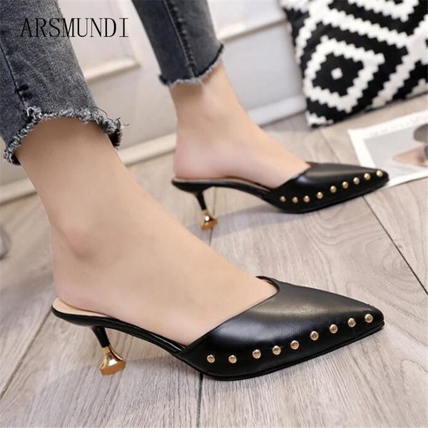 

slippers arsmundi 2021 summer style cool female fashion thin rivets tip fine with baotou high heel half l462, Black