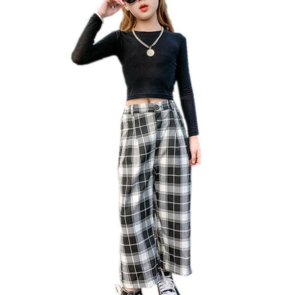 

fashion baby girl outfit long sleeve crop + loose plaid pants black two-piece kids clothing set teenage new style tracksuits, White