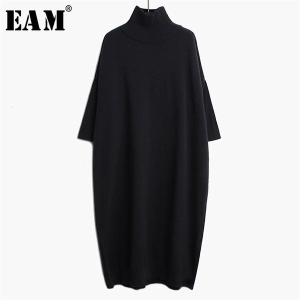 

[eam] women black long big size knitting dress new high collar long sleeve loose fit fashion tide spring autumn 210303, Black;gray
