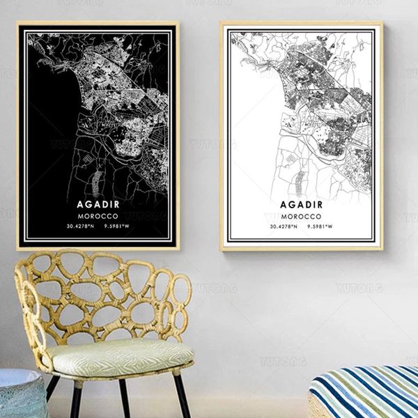 

paintings black and white world city map agadir wall art canvas poster prints nordic style picture for living room framed