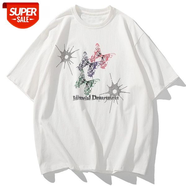 

Hip Hop T-shirt Men's Fashion Tricolor Butterfly Print Short Sleeve 2021 Harajuku Style Casual Cotton Top Tee #bg53, White;black