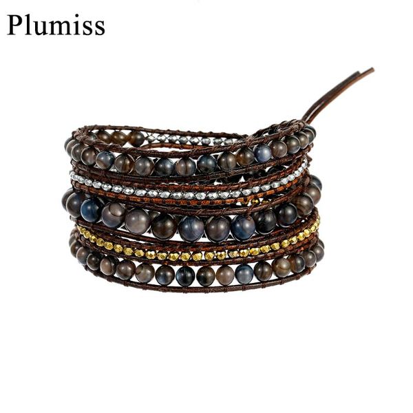 

tennis boho shell beads leather wrap bracelets for women geometric hematite 5 times strand bracelet handmade jewelry drop, Golden;silver