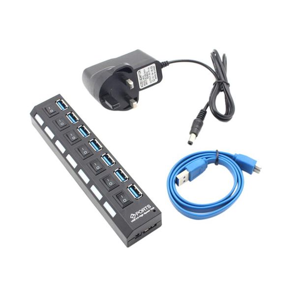 

hubs 7-port usb hub 3.0 high-speed data transfer ports splitter with individual switches and leds (plug)